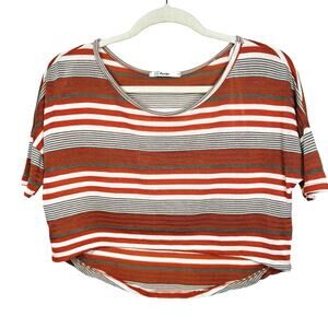 Papaya Casual White Orange Tan Striped Short Sleeve Crop Scoop Neck Tee Medium